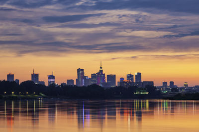 Modern buildings against sky during sunset