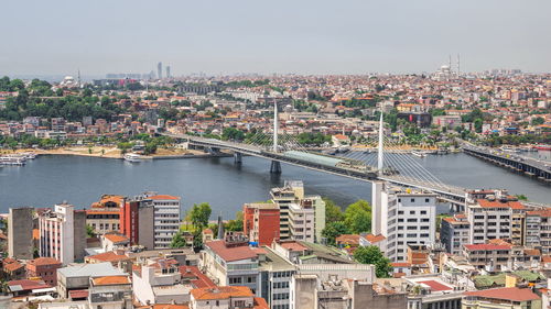 High angle view of river by buildings in city against sky