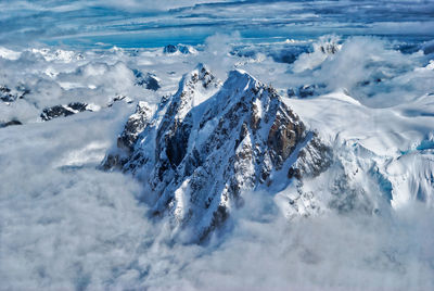 Scenic view of snowcapped mountains against blue sky