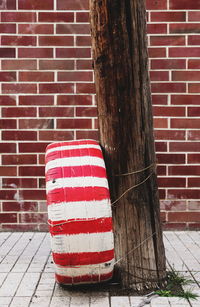 Red umbrella on tree trunk