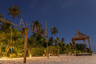 Palm trees on beach against sky at night