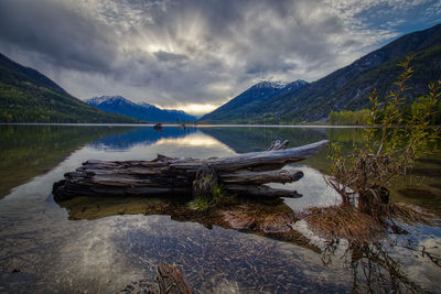 Scenic view of lake and mountains against sky