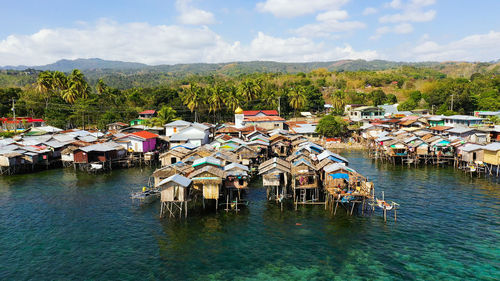 Fishing village with wooden houses on stilts in the sea.  zamboanga 