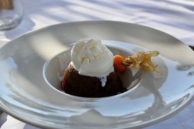 Close-up of cake served in plate on table