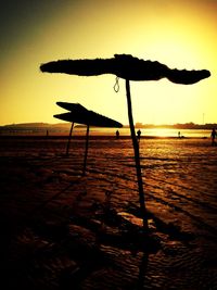 Silhouette bird on beach against sky during sunset