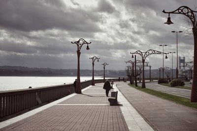 Rear view of man on street by sea against sky