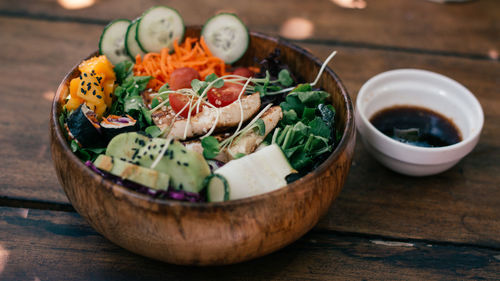 High angle view of vegetables in bowl on table