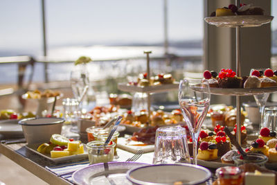 Various food served on table