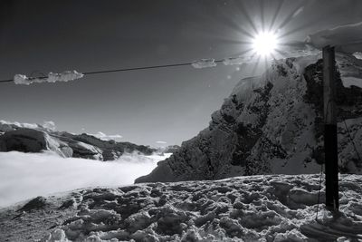 Scenic view of snow covered mountains