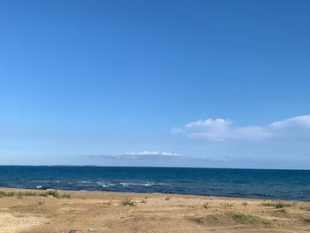 Scenic view of sea against blue sky