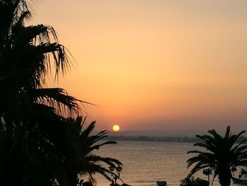 Silhouette palm trees by sea against romantic sky at sunset