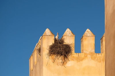 Low angle view of storck nest on historical building against clear blue sky