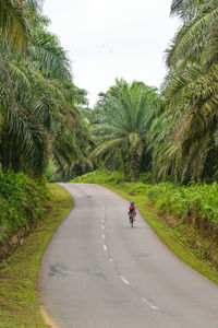 Man riding motorcycle on road against sky