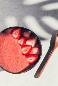 High angle view of strawberries in bowl