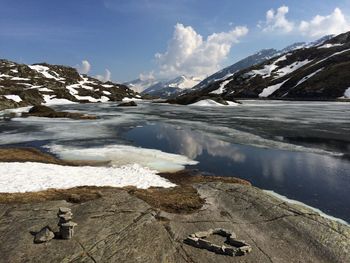 Scenic view of frozen lake and mountains against sky