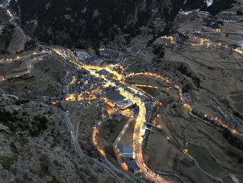 High angle view of illuminated road in city