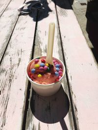 High angle view of dessert on table