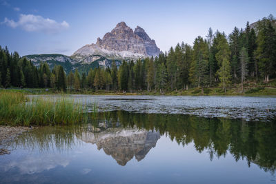 Scenic view of lake by trees against sky