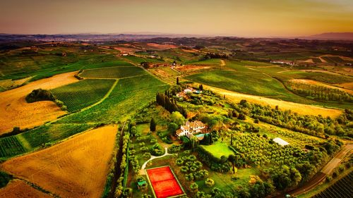 High angle view of agricultural field against sky