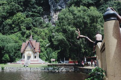 Statue by trees against plants