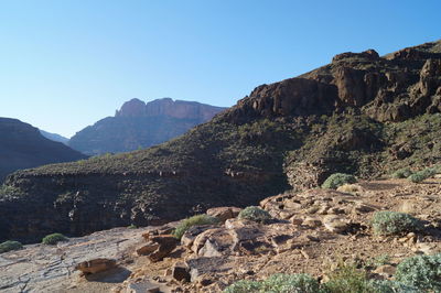 Scenic view of mountains against clear blue sky