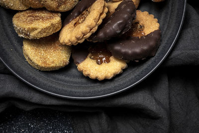 High angle view of cookies in plate on table