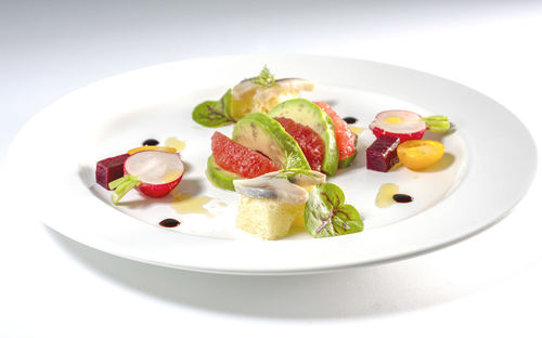 Close-up of fruits served in plate