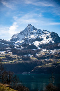 Scenic view of snowcapped mountains and lake against sky