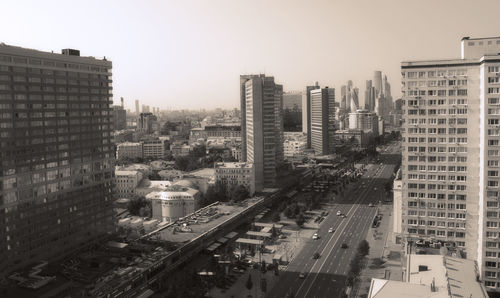 High angle view of buildings against clear sky