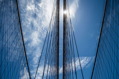 Low angle view of sailboat against blue sky