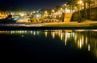 Reflection of city in water at night