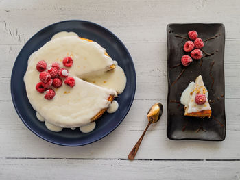 High angle view of dessert served on table