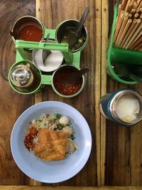 High angle view of breakfast served on table