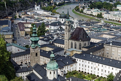 High angle view of buildings in city