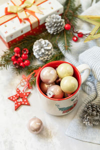 High angle view of christmas decorations on table