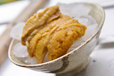 Close-up of dessert served on table