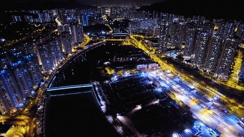 High angle view of city at night