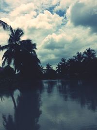 Silhouette palm trees by lake against sky