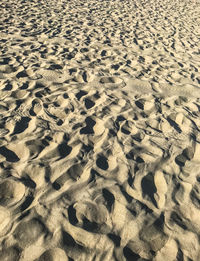 High angle view of footprints on sand at beach