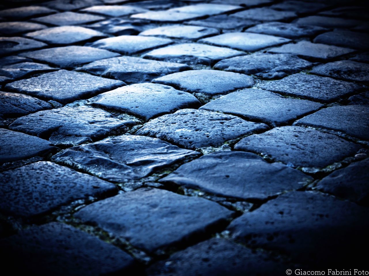 full frame, backgrounds, cobblestone, pattern, textured, street, high angle view, paving stone, surface level, asphalt, outdoors, no people, sunlight, day, footpath, close-up, road, repetition, detail, wet