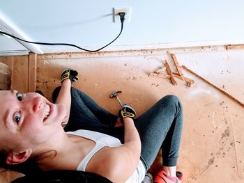 High angle view of woman working at home