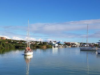 Sailboats moored in marina against sky