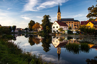 Reflection of buildings and trees in lake against sky