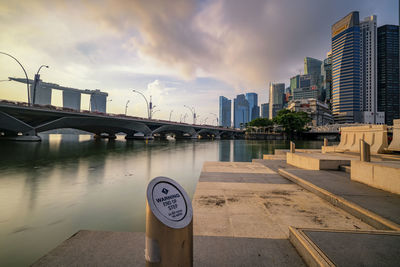 City by river against sky