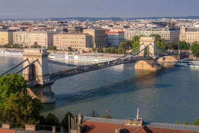 Bridge over river with city in background