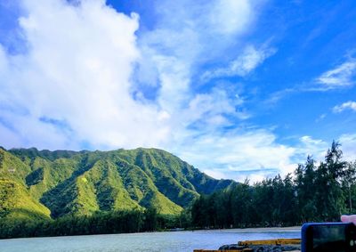 Scenic view of lake and mountains against sky