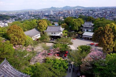 High angle view of trees and cityscape against sky