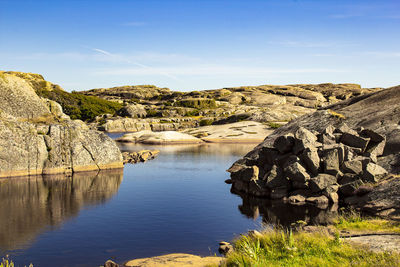 Scenic view of river amidst rocks against sky