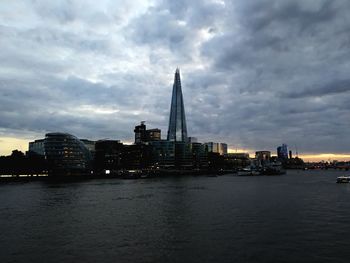 View of buildings by river against cloudy sky