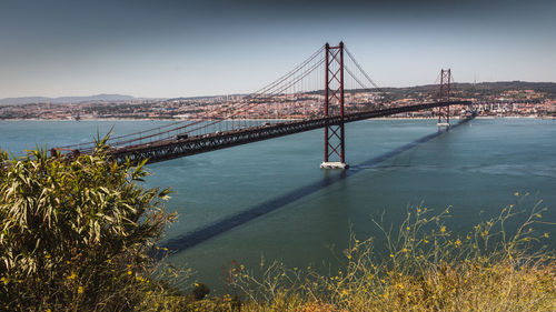 Suspension bridge over sea against sky